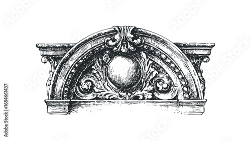 Intricate architectural capital adornment with ornate scrollwork and spherical embellishment. Vector hand drawn illustration