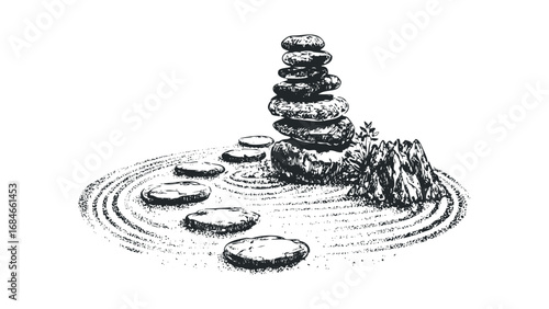 Zen Garden Stepping Stones and Stacked Rocks Composition with Raked Sand. Vector hand drawn illustration