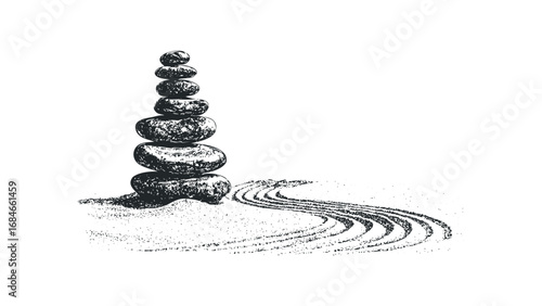 Zen Garden Stones Stacked with Raked Sand Texture. Vector hand drawn illustration
