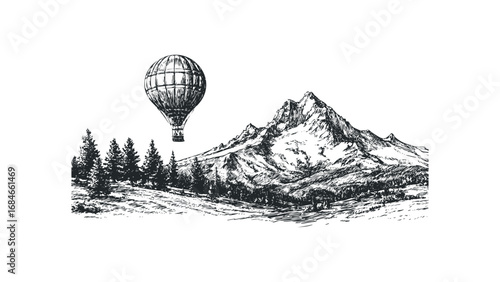 Hot air balloon floating over snow-capped mountain and evergreen trees. Vector hand drawn illustration