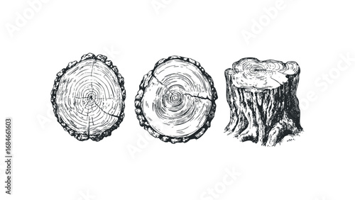 Collection of Wood Tree Ring Cross Sections and Trunk Sketch. Vector hand drawn illustration