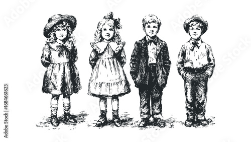 Vintage engraving style four children standing together wearing traditional attire. Vector hand drawn illustration