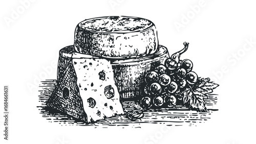 Hand-drawn sketch of cheese and grapes on a white background. Vector hand drawn illustration