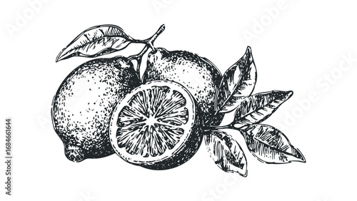 Hand Drawn Citrus Fruit Slice and Whole Lemons on Stem with Leaves. Vector hand drawn illustration