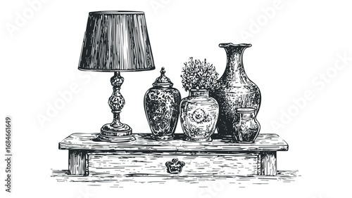 Sketch of still life composition featuring antique lamp and vases on a table. Vector hand drawn illustration