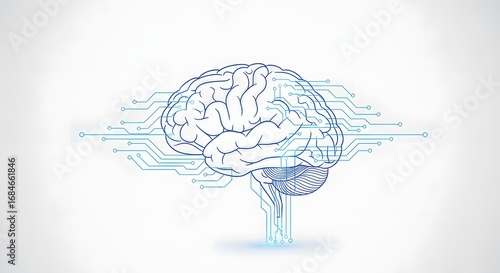 Abstract Digital Brain with Circuit Connections Representing AI and Human Intelligence