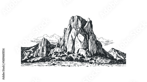 Sketch of craggy mountains and sparse vegetation in ink on a white background. Vector hand drawn illustration