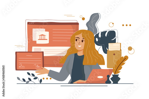 Flat Style Illustration of Young Woman Performing Legal or Financial Task