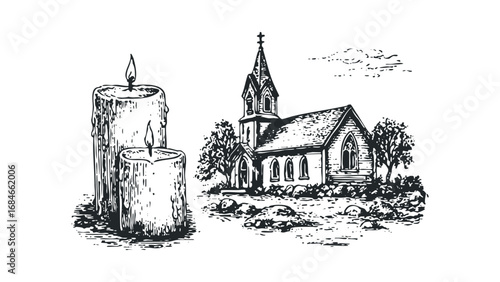 Candles next to a church building in a sketchy style. Vector hand drawn illustration