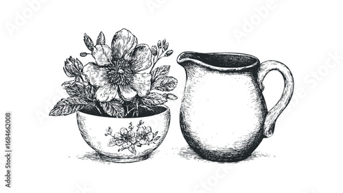 Ink drawing of floral arrangement in pot with ceramic pitcher. Vector hand drawn illustration