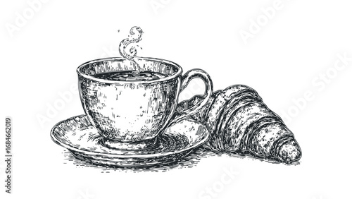 Sketch of a steaming coffee cup with a croissant and saucer. Vector hand drawn illustration
