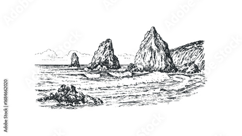 Sketch of rugged sea stacks and choppy waves on the ocean. Vector hand drawn illustration