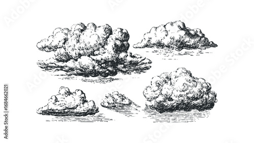 Vintage Hand Drawn Cumulus Clouds with Pen and Ink Style. Vector hand drawn illustration