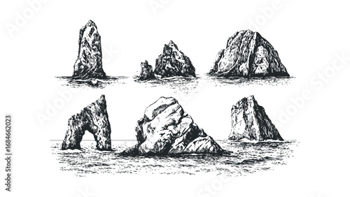 Collection of Seascape Rock Formations with Water Detail. Vector hand drawn illustration