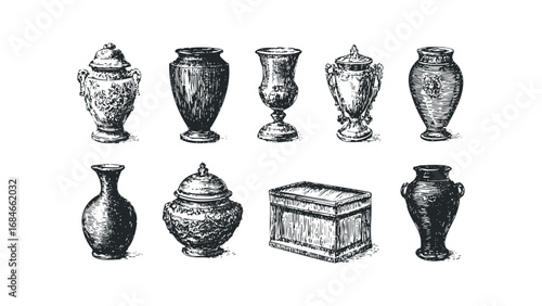 Collection of antique urns and decorative vessels on transparent background. Vector hand drawn illustration