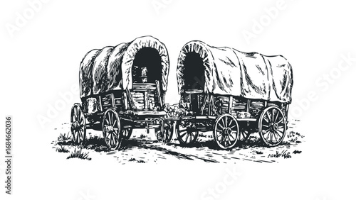 Vintage Conestoga Wagons in Sketch Style. Vector hand drawn illustration