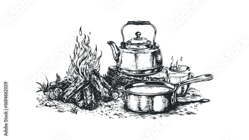 Sketch of camp cooking with campfire and kettle on white. Vector hand drawn illustration
