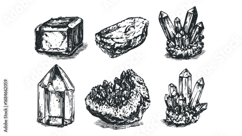 Collection of various crystal forms isolated on white, hand drawn engraving style. Vector hand drawn illustration