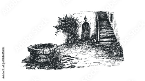 Sketch of a stone well and entryway with stairs and foliage. Vector hand drawn illustration