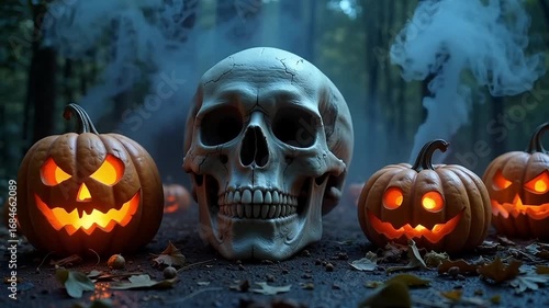 Wallpaper Mural Spooky 3D Halloween scene with a central skull, surrounded by pumpkins, and eerie mist, perfect for holiday videos and festive content. Torontodigital.ca