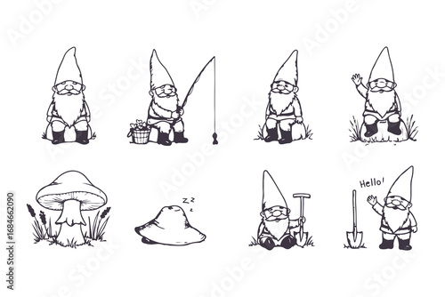 Cute Garden Gnome Vector Set in Different Poses Black and White Illustration