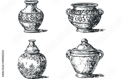 Collection of Four Antique Ceramic Vases with Ornate Patterns. Vector hand drawn illustration