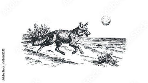 Woodcut style illustration of a fox running by a body of water under a full moon. Vector hand drawn illustration