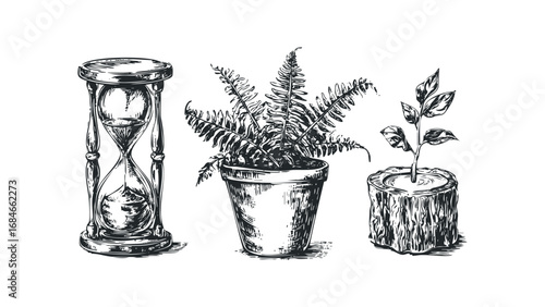 Sketch of hourglass and plants in pots. Vector hand drawn illustration