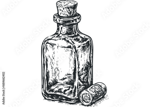 Vintage glass flask with cork stopper and fallen cork on a white background. Vector hand drawn illustration