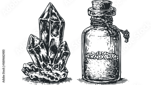 Vintage glass bottle with cork stopper and gemstone collection. Vector hand drawn illustration