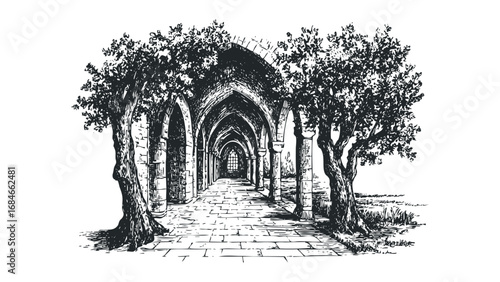Hand drawn sketch of a stone archway walkway lined with trees and distant window. Vector hand drawn illustration