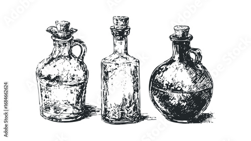 Pen and ink sketch of three glass bottles with cork stoppers. Vector hand drawn illustration
