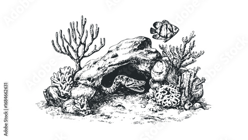 Detailed sketch of a coiled snake emerging from a coral reef with a fish swimming nearby. Vector hand drawn illustration