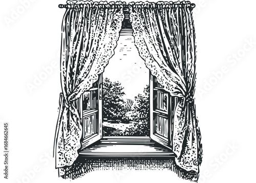 Open window with lace curtains revealing a view of trees and landscape. Vector hand drawn illustration