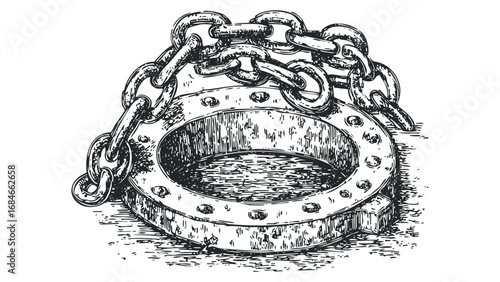 Vintage ship porthole secured with heavy chains. Vector hand drawn illustration