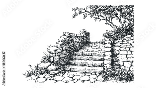Stone stairway with ancient wall and foliage in a sketched style. Vector hand drawn illustration