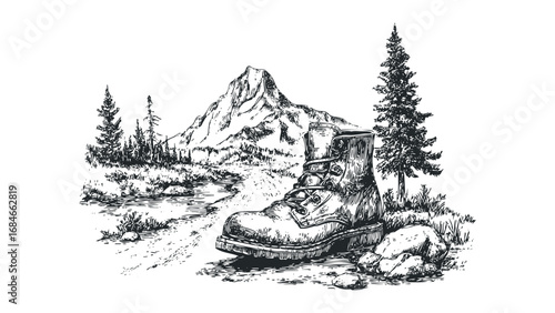Sketch of a worn hiking boot resting on rocks beside a forest trail and mountain peak. Vector hand drawn illustration
