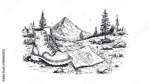 Hiking boot and map on rocky ground with pine trees and mountain peak. Vector hand drawn illustration