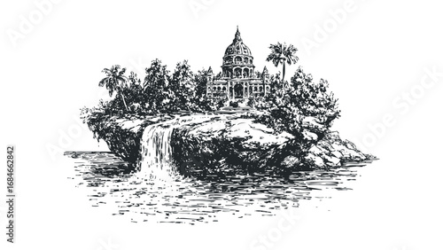 Sketch of a majestic building with domes and columns on a rocky island with a waterfall. Vector hand drawn illustration