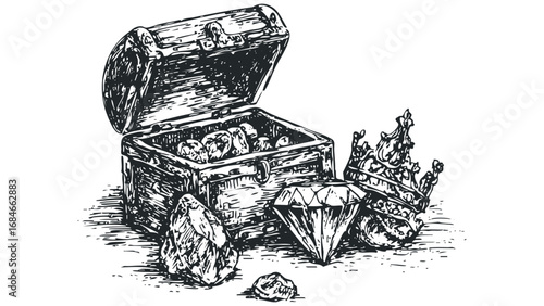 Pirate Treasure Chest Overflowing with Gems and Crown. Vector hand drawn illustration