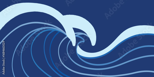 Stylized, hand-drawn vector art of a powerful Japanese-style wave. The dynamic lines and multiple shades of blue create a modern, fluid, and elegant design.