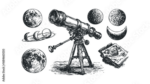 Antique telescope with celestial bodies and a book. Vector hand drawn illustration