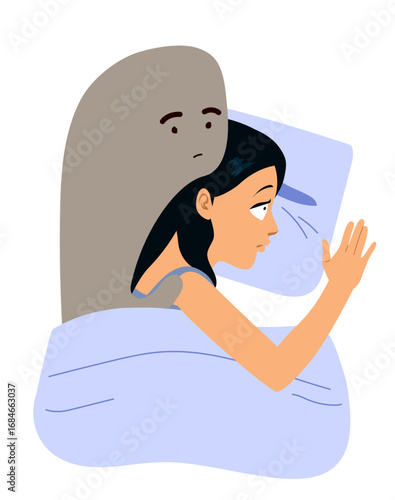 Expressive cartoon illustration of a woman in bed awake while an anxiety character disturbs her sleep. Drawing clip art for mental health campaigns, emotional wellness and psychology