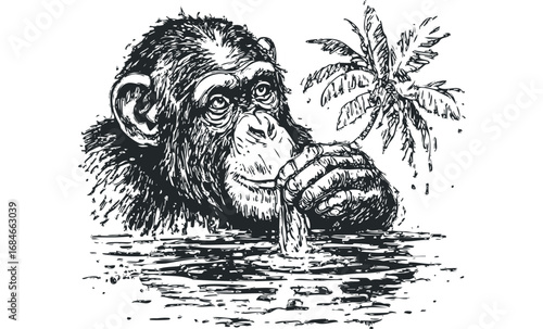 Chimpanzee holding a palm frond while emerging from water. Vector hand drawn illustration