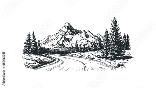 Winding Road Leads to Majestic Snowy Mountain Peaks Surrounded by Pine Trees. Vector hand drawn illustration
