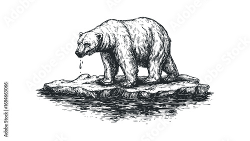 Polar Bear on Melting Iceberg in Water. Vector hand drawn illustration