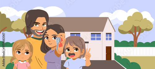 Joyful cartoon illustration of a family holding a key holder in front of their new house. Drawing for real estate, home ownership campaigns, lifestyle marketing and financial investment visua