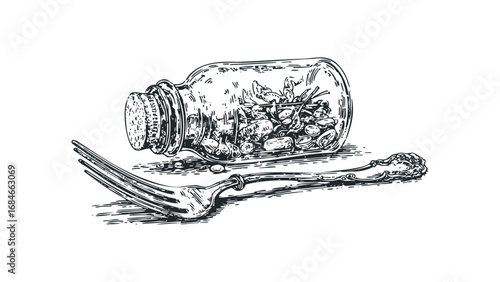 Medicine bottle filled with pills and herbs next to a fork. Vector hand drawn illustration