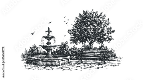 Sketch of a park scene with a tiered fountain, a wooden bench, and birds flying. Vector hand drawn illustration
