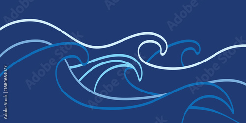 Stylized, minimal graphic of graceful Japanese style waves in flowing lines. The abstract, clean design in shades of blue evokes a tranquil and elegant seascape.